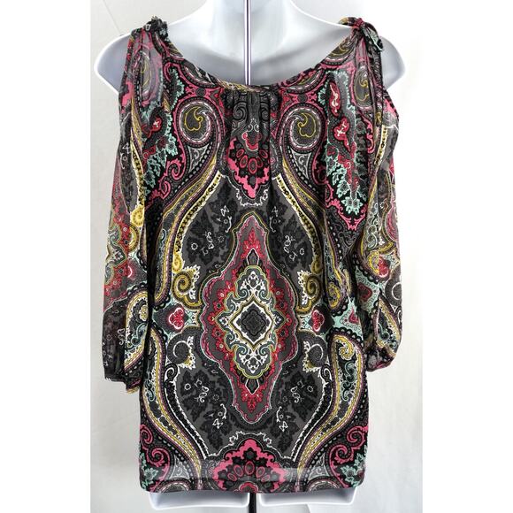 INC Cold Shoulder Mesh top PL multicolor Beads scoopneck 3/4 sleeve Psychedelic - Picture 3 of 5
